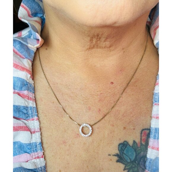 Elegant Estate Sterling Silver 925 GoldPlated Rhinestone Circle Pendant Necklace - Picture 12 of 16